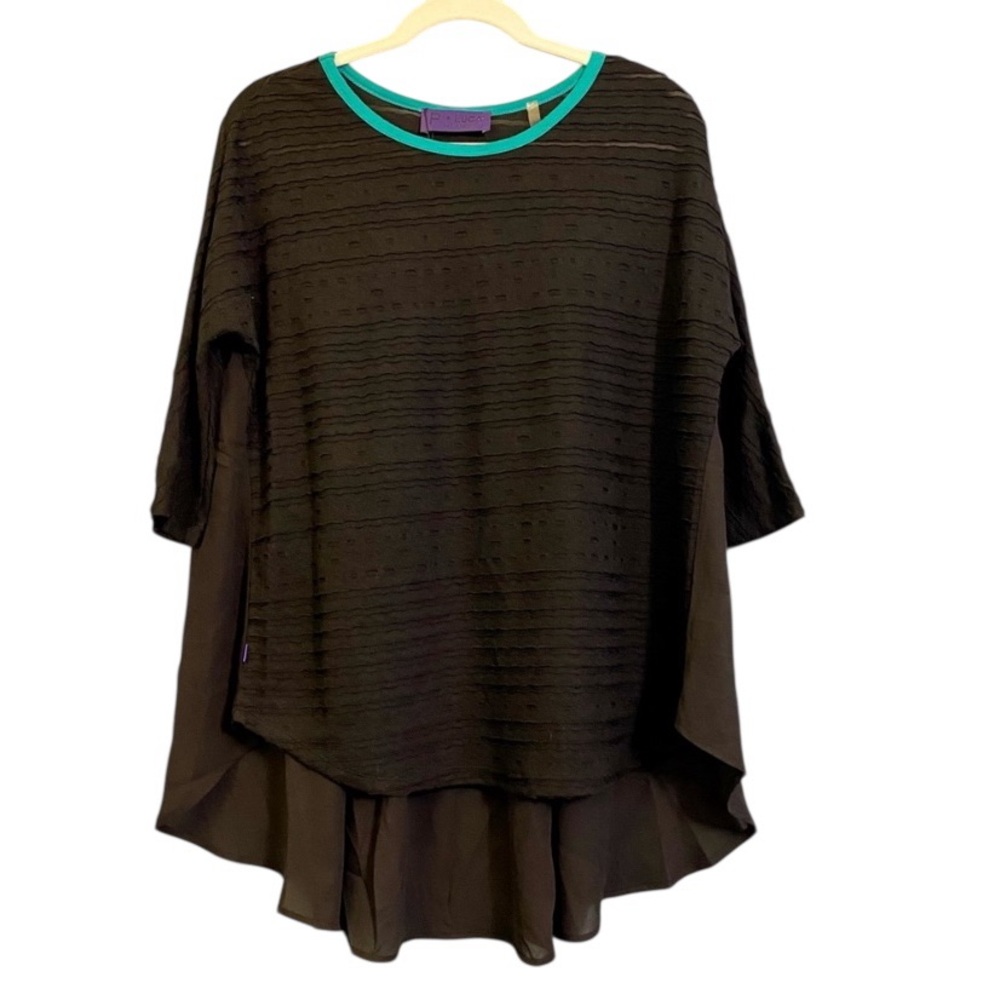 NWT P Luca Milano Black Textured Green Trim Hi Lo Chiffon Back Tunic Top Sz M